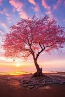 Pink sakura Tree on sunset. AI Generated photo