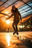 cute child wearing winter clothes and ice skating on ice rink. AI Generated photo