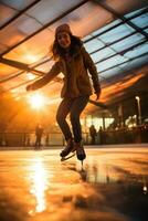 cute child wearing winter clothes and ice skating on ice rink. AI Generated photo