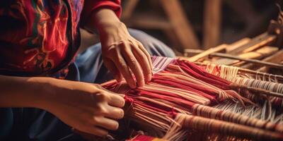 Master weaver is weaving fabric . AI Generated photo