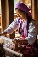 Master weaver is weaving fabric . AI Generated photo