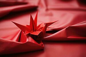 rojo papel origami grua, ai generado foto