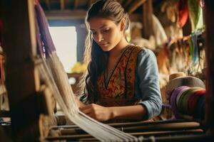 Master weaver is weaving fabric . AI Generated photo