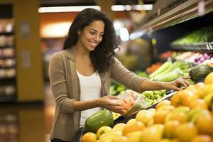 mujer en supermercado comprando comestibles alimento, ai generado foto