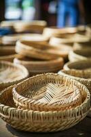 Woman weaving wicker basket indoors. AI Generated photo