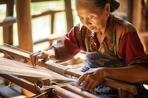 Master weaver is weaving fabric . AI Generated photo