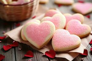 decorado corazón conformado Galleta en de madera antecedentes. ai generado foto