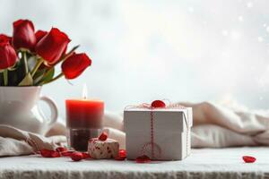 Red present gift box with space for greeting text on light background. AI Generated photo