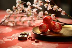 Chinese new year decorations with sakura flowers, red gift boxes and gold. AI Generated photo