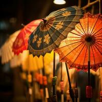 vistoso asiático papel paraguas sombrilla. ai generado foto