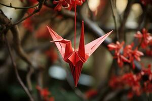 rojo papel origami grua, ai generado foto