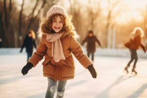 cute child wearing winter clothes and ice skating on ice rink. AI Generated photo
