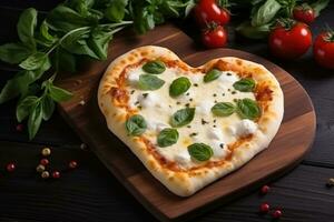 Heart shaped pizza on wooden background. AI Generated photo