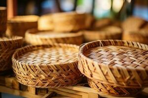 Woman weaving wicker basket indoors. AI Generated photo