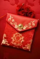 beautiful asian style red envelope on table. AI Generated photo