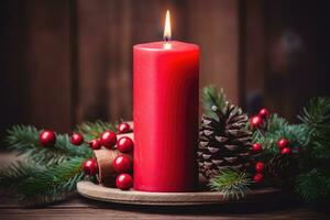 red burning candle on the first Sunday in advent. AI Generated photo