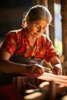 Master weaver is weaving fabric . AI Generated photo