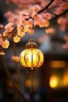 Chinese lanterns hanging on sakura tree, AI Generated photo