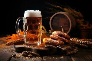 Cold lager beer in glass with wheat and hops on dark wood background top view. AI Generated photo