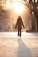 linda niño vistiendo invierno ropa y hielo Patinaje en hielo pista. ai generado foto