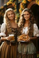 Octoberfest waitress with beer and barrel on bar background. AI Generated photo