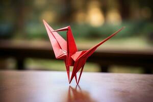 rojo papel origami grua, ai generado foto