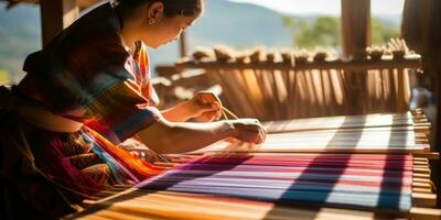 Master weaver is weaving fabric . AI Generated photo