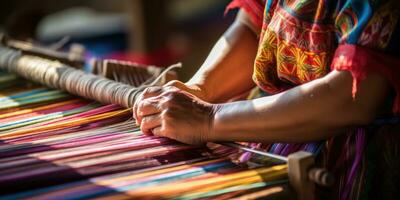 Master weaver is weaving fabric . AI Generated photo
