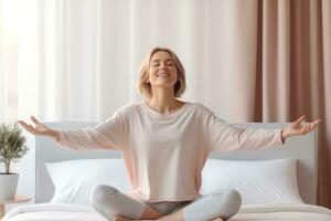 Happy fresh mature middle aged woman stretching in bed waking up , AI Generated photo