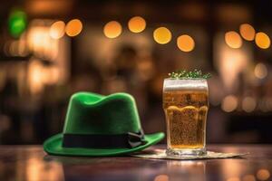 Green hat and beer on bar counter. AI Generated photo