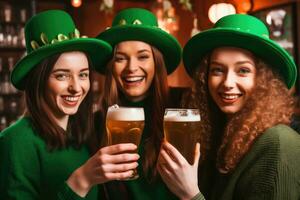 friends with beer celebrating St. Patrick's Day on bar background. AI Generated photo