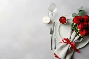 Table setting for romantic dinner in restaurant. AI Generated photo
