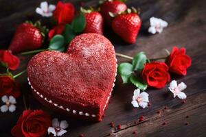 Heart shaped red velvet cake for Valentine's day on dark background. AI Generated photo