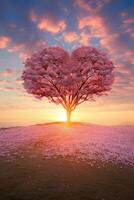 Red Heart Shaped Tree on sunset. AI Generated photo