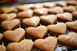 decorado corazón conformado Galleta en de madera antecedentes. ai generado foto