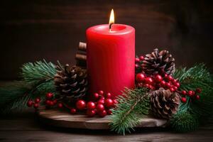 red burning candle on the first Sunday in advent. AI Generated photo