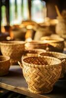 Woman weaving wicker basket indoors. AI Generated photo