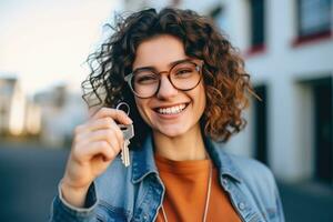 Hand holding key, isolated on beige . AI Generated photo