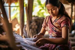 Master weaver is weaving fabric . AI Generated photo