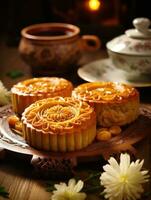 Chinese mid autumn festival mooncake on wooden table, AI Generated photo