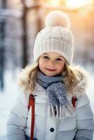 invierno cerca arriba al aire libre retrato de adorable niña en gris de punto sombrero y bufanda.ai generado foto