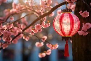 Chinese lanterns hanging on sakura tree, AI Generated photo