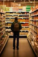 man In Supermarket Buying Groceries Food, AI Generated photo