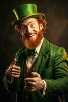 personaje irlandesa duende con un rojo natural barba en un verde traje y verde sombrero. ai generado foto