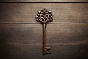 vintage rusty old key on wooden background. AI Generated photo