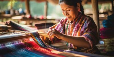 Master weaver is weaving fabric . AI Generated photo