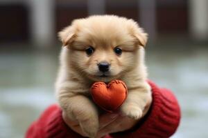 Funny portrait cute puppy dog holding red heart . AI Generated photo