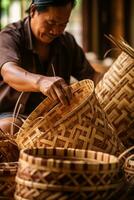 Woman weaving wicker basket indoors. AI Generated photo