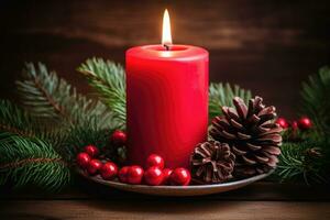 red burning candle on the first Sunday in advent. AI Generated photo