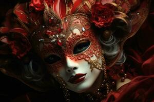 Beautiful woman in black mysterious venetian mask. AI Generated photo